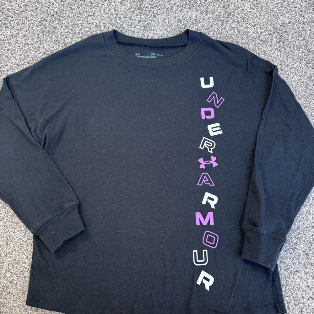 Under Armour Black Long-Sleeve Tee with Purple & White Vertical Logo
